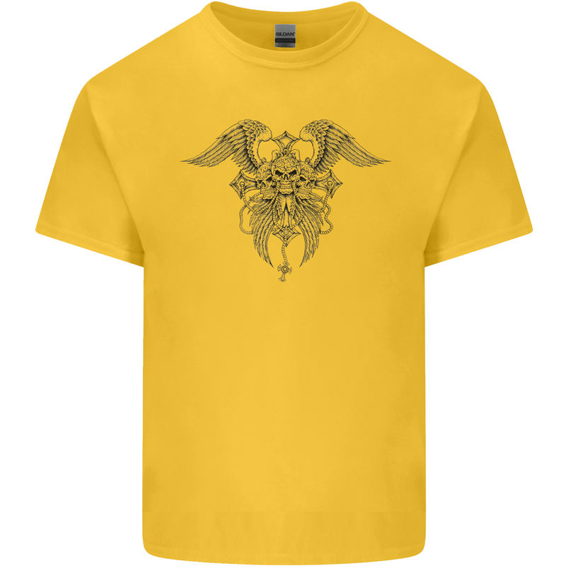 Cross Skull Wings Gothic Biker Heavy Metal Mens Cotton T-Shirt Tee Top Yellow