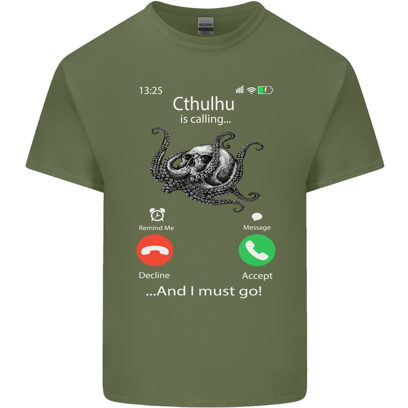 Cthulhu Is Calling Funny Kraken Mens Cotton T-Shirt Tee Top Military Green