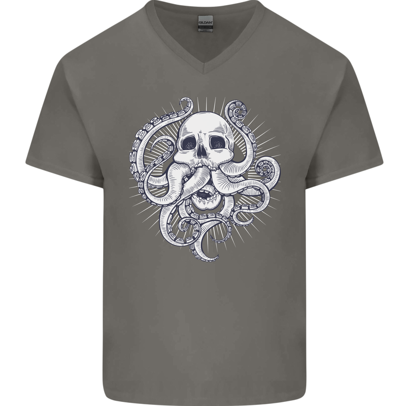 Cthulhu Skull Mens V-Neck Cotton T-Shirt Charcoal