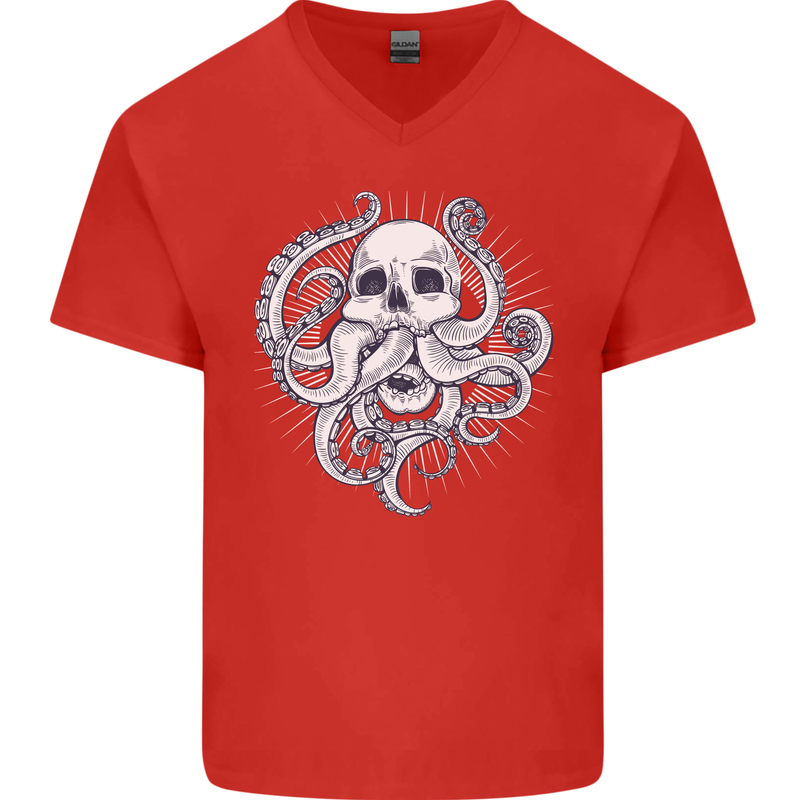 Cthulhu Skull Mens V-Neck Cotton T-Shirt Red