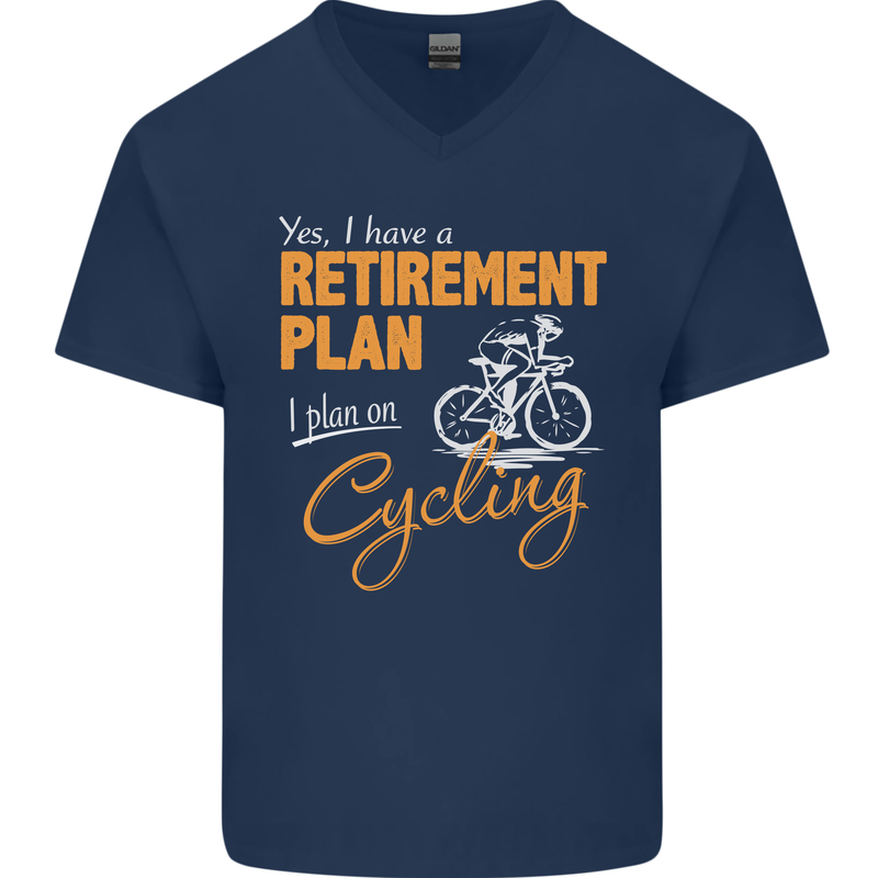 Cycling Retirement Plan Cyclist Funny Mens V-Neck Cotton T-Shirt Navy Blue