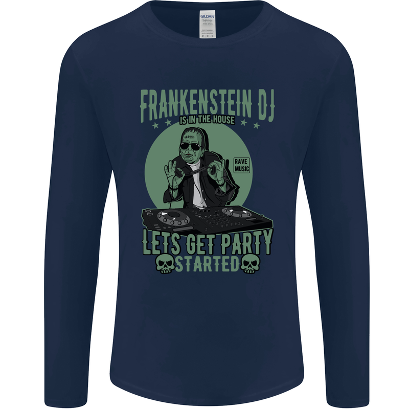 DJ Frankenstein Funny Music Vinyl Halloween Mens Long Sleeve T-Shirt Navy Blue
