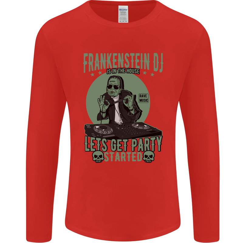 DJ Frankenstein Funny Music Vinyl Halloween Mens Long Sleeve T-Shirt Red