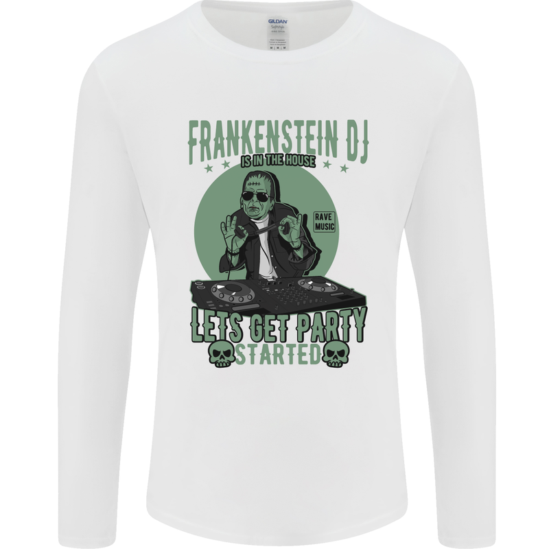DJ Frankenstein Funny Music Vinyl Halloween Mens Long Sleeve T-Shirt White