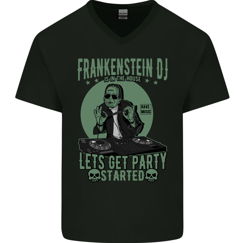 DJ Frankenstein Funny Music Vinyl Halloween Mens V-Neck Cotton T-Shirt Black