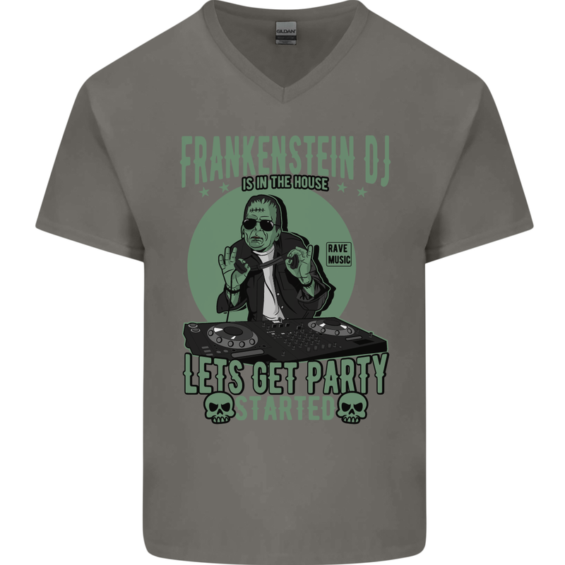 DJ Frankenstein Funny Music Vinyl Halloween Mens V-Neck Cotton T-Shirt Charcoal