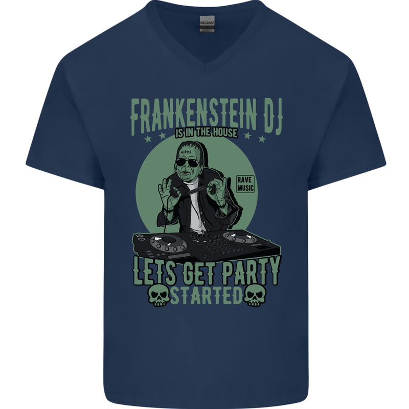 DJ Frankenstein Funny Music Vinyl Halloween Mens V-Neck Cotton T-Shirt Navy Blue