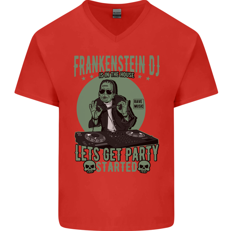DJ Frankenstein Funny Music Vinyl Halloween Mens V-Neck Cotton T-Shirt Red