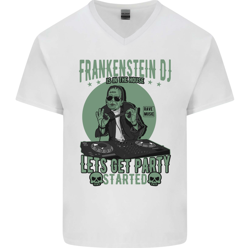 DJ Frankenstein Funny Music Vinyl Halloween Mens V-Neck Cotton T-Shirt White