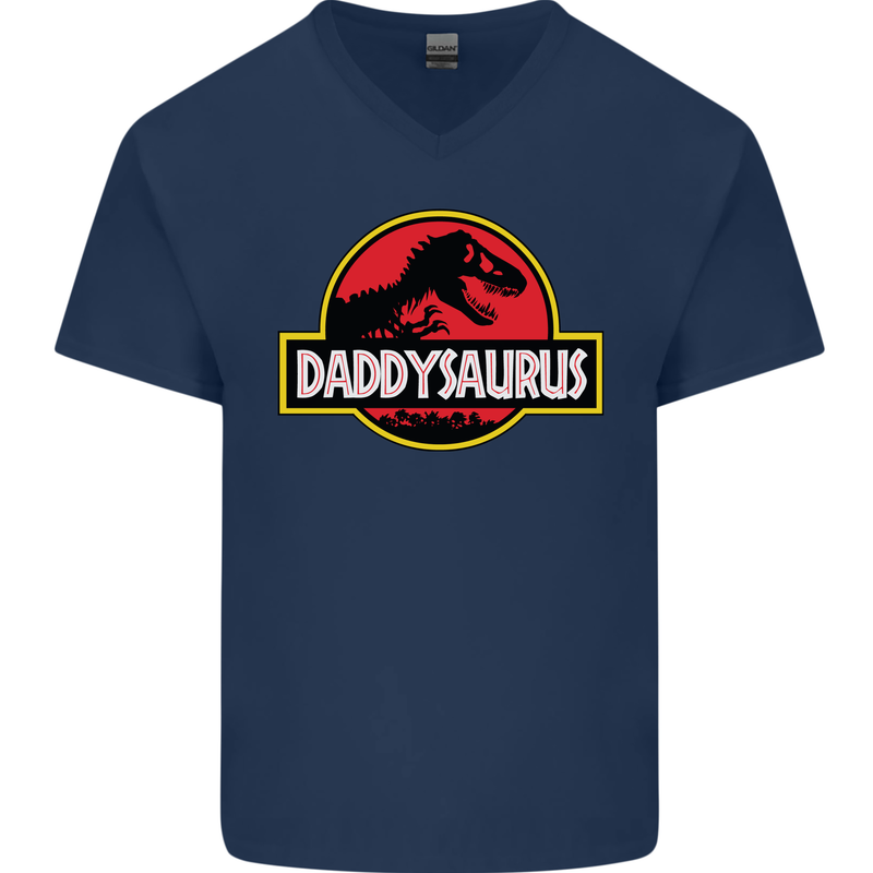 Daddysaurus Funny Father's Day Daddy Mens V-Neck Cotton T-Shirt Navy Blue