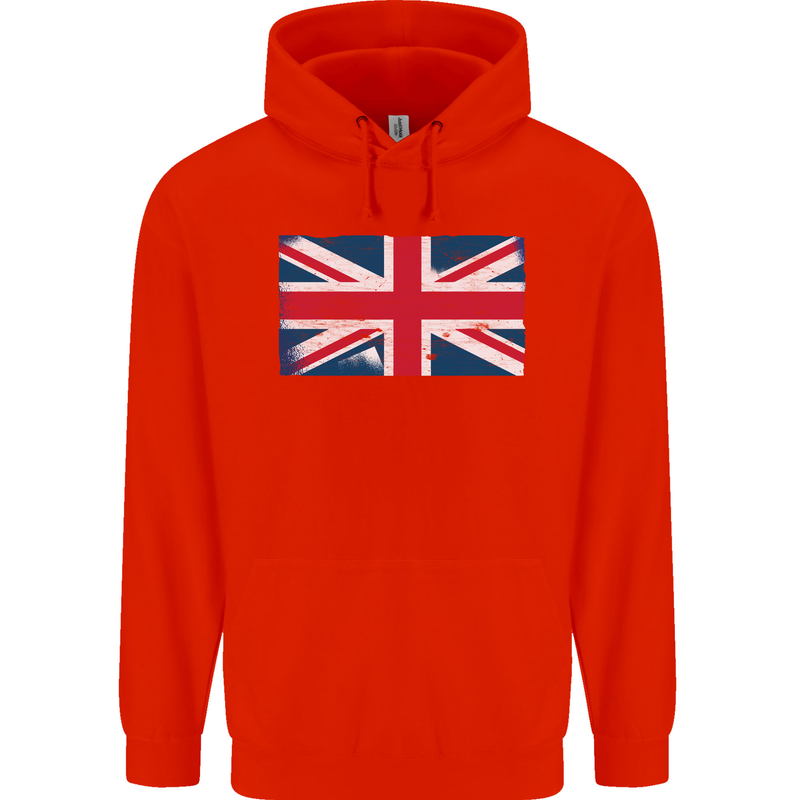 Distressed Union Jack Flag Great Britain Mens 80% Cotton Hoodie Bright Red