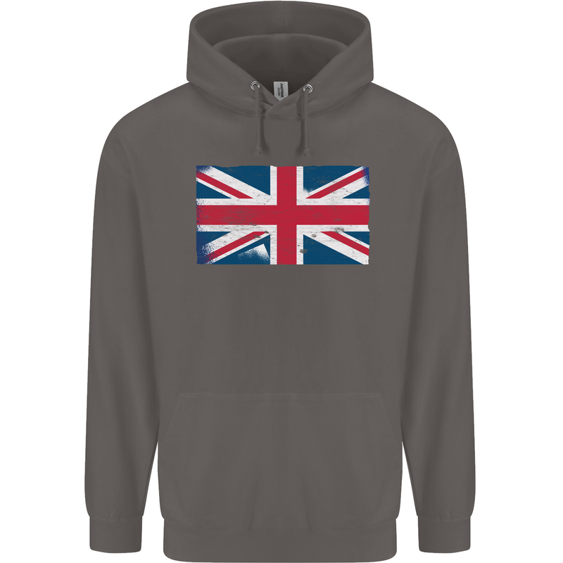 Distressed Union Jack Flag Great Britain Mens 80% Cotton Hoodie Charcoal