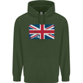 Distressed Union Jack Flag Great Britain Mens 80% Cotton Hoodie Forest Green