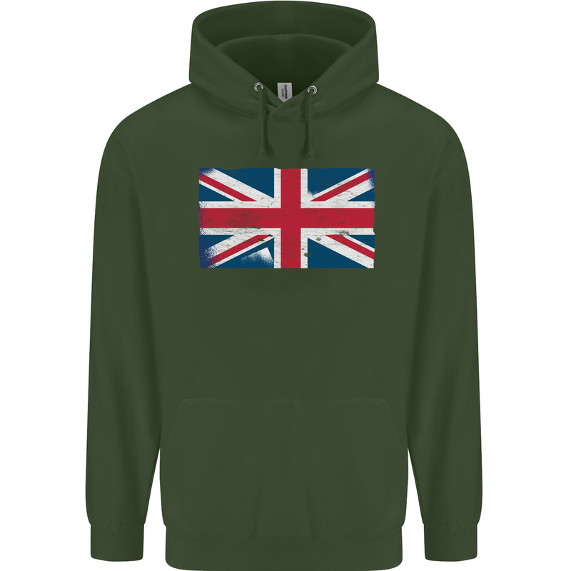 Distressed Union Jack Flag Great Britain Mens 80% Cotton Hoodie Forest Green