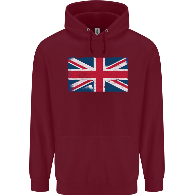 Distressed Union Jack Flag Great Britain Mens 80% Cotton Hoodie Maroon