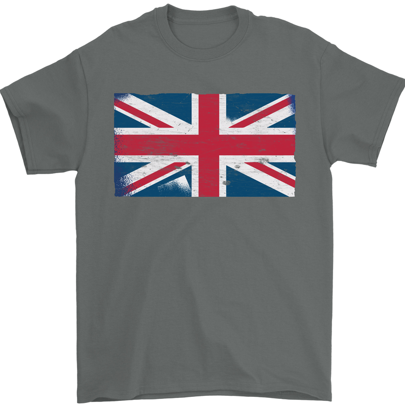 Distressed Union Jack Flag Great Britain Mens T-Shirt Cotton Gildan Charcoal