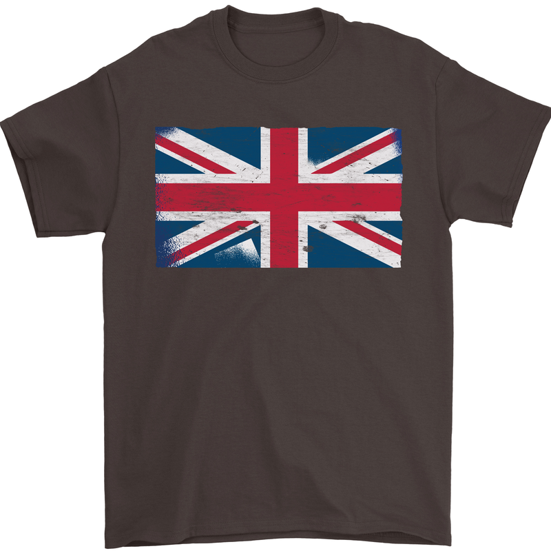 Distressed Union Jack Flag Great Britain Mens T-Shirt Cotton Gildan Dark Chocolate