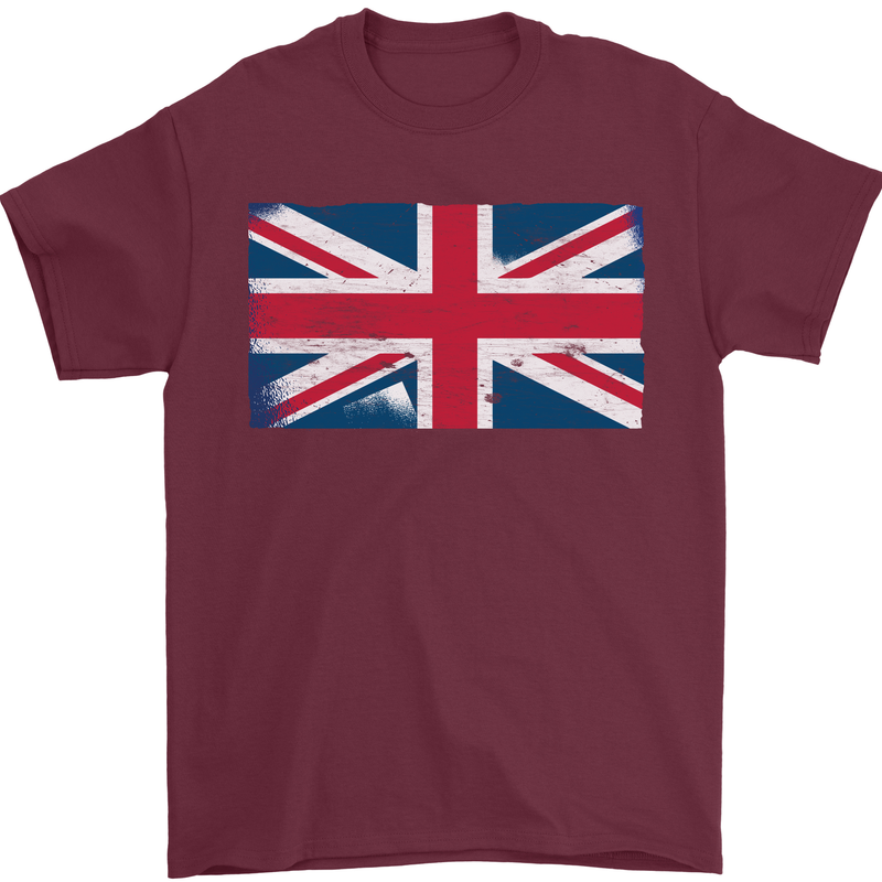 Distressed Union Jack Flag Great Britain Mens T-Shirt Cotton Gildan Maroon