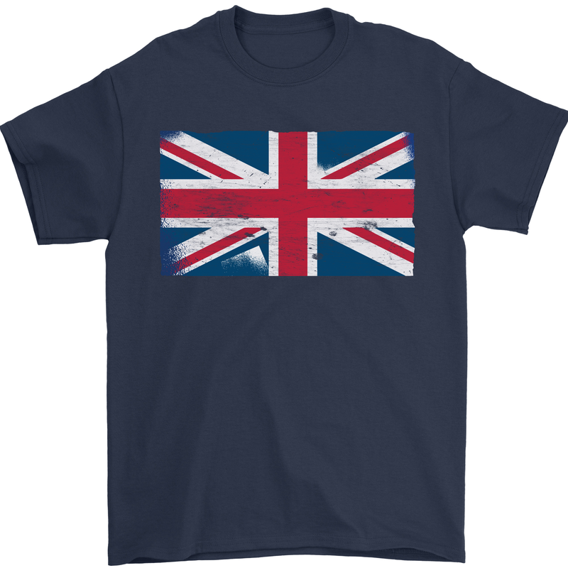 Distressed Union Jack Flag Great Britain Mens T-Shirt Cotton Gildan Navy Blue
