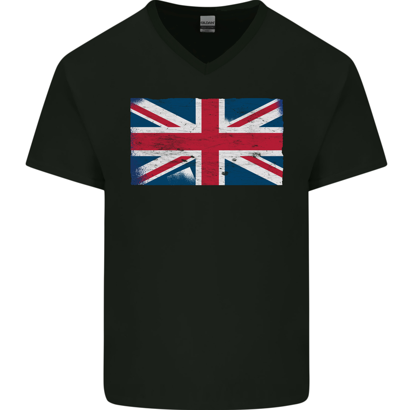 Distressed Union Jack Flag Great Britain Mens V-Neck Cotton T-Shirt Black