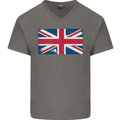 Distressed Union Jack Flag Great Britain Mens V-Neck Cotton T-Shirt Charcoal