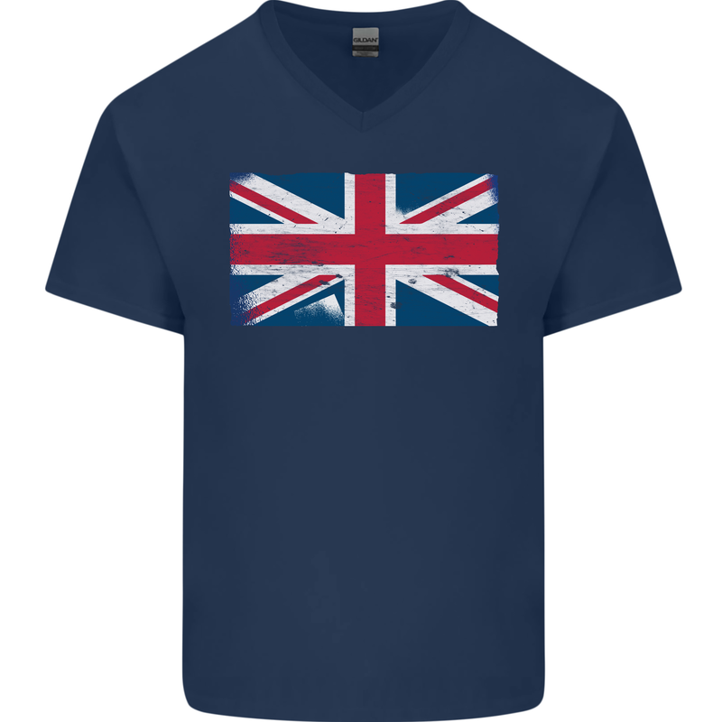 Distressed Union Jack Flag Great Britain Mens V-Neck Cotton T-Shirt Navy Blue