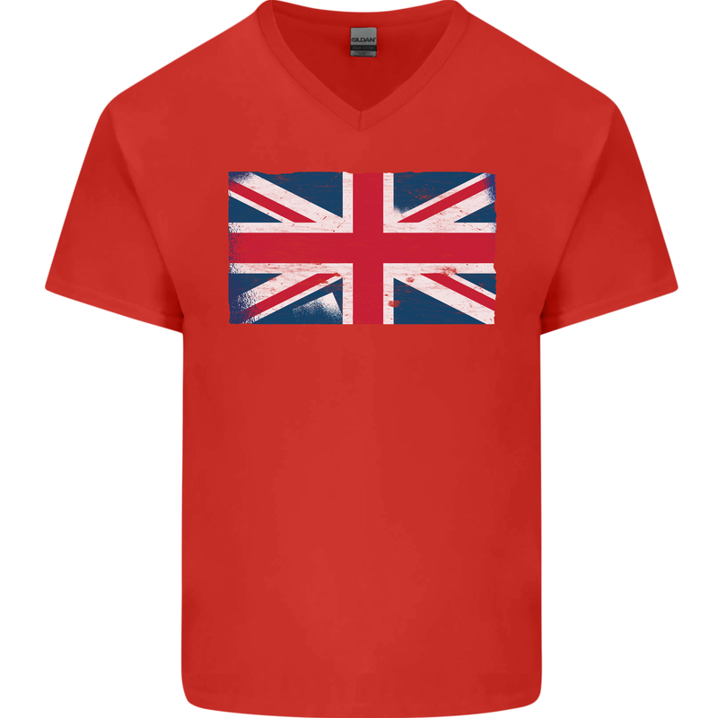 Distressed Union Jack Flag Great Britain Mens V-Neck Cotton T-Shirt Red