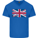 Distressed Union Jack Flag Great Britain Mens V-Neck Cotton T-Shirt Royal Blue