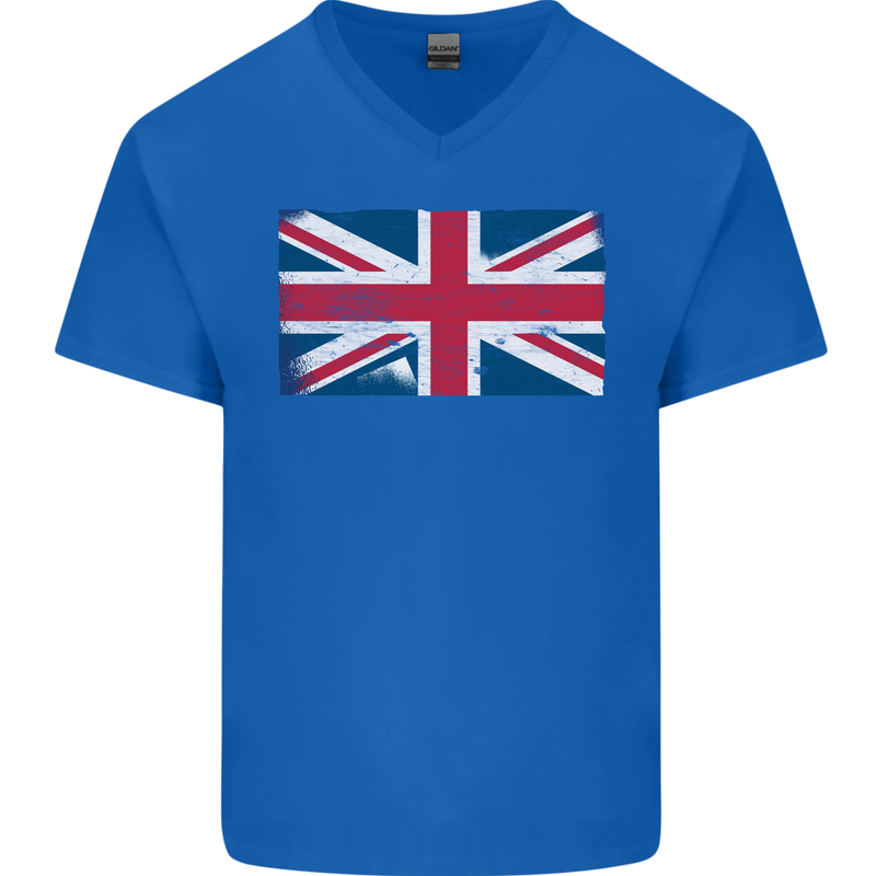 Distressed Union Jack Flag Great Britain Mens V-Neck Cotton T-Shirt Royal Blue