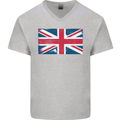 Distressed Union Jack Flag Great Britain Mens V-Neck Cotton T-Shirt Sports Grey