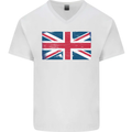 Distressed Union Jack Flag Great Britain Mens V-Neck Cotton T-Shirt White
