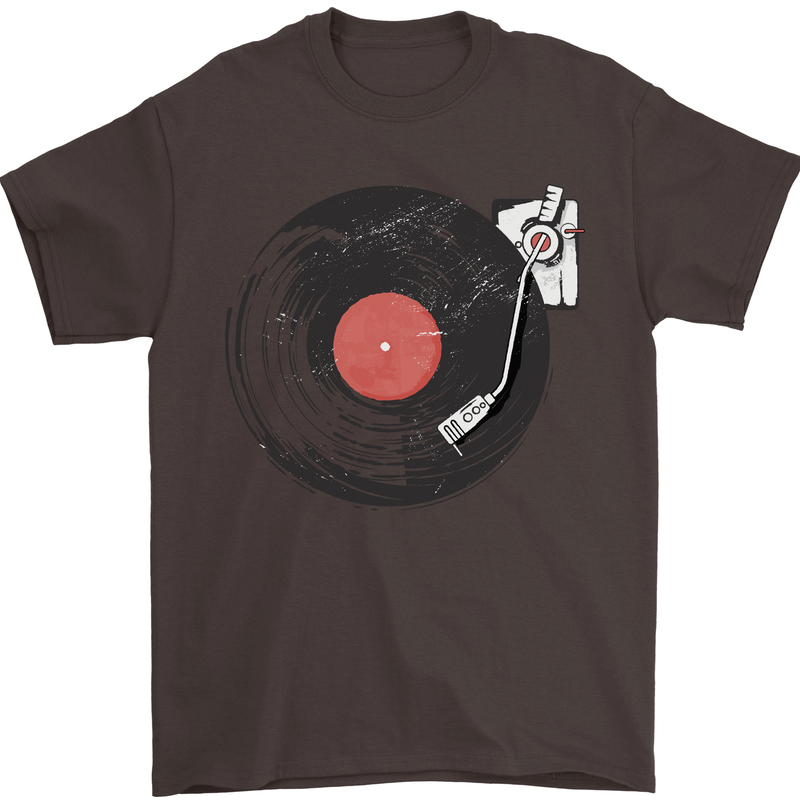 Distressed Vinyl Turntable DJ DJing Mens T-Shirt Cotton Gildan Dark Chocolate
