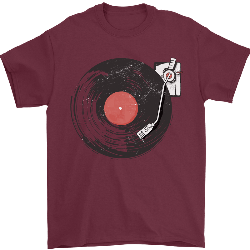 Distressed Vinyl Turntable DJ DJing Mens T-Shirt Cotton Gildan Maroon