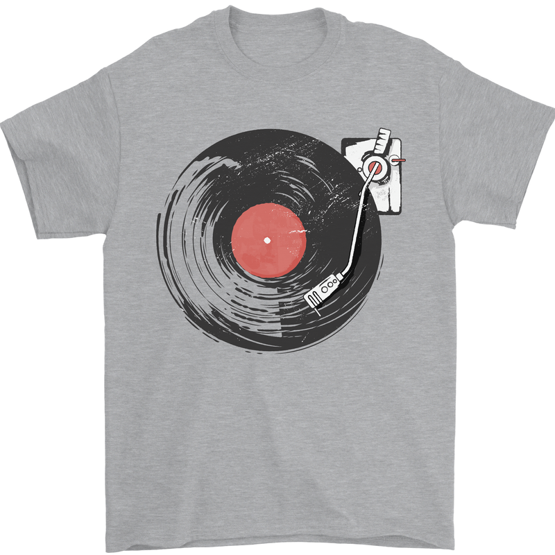 Distressed Vinyl Turntable DJ DJing Mens T-Shirt Cotton Gildan Sports Grey