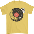 Distressed Vinyl Turntable DJ DJing Mens T-Shirt Cotton Gildan Yellow