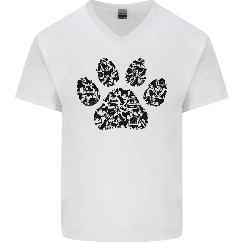 Dog Paw Print Word Art Mens V-Neck Cotton T-Shirt White
