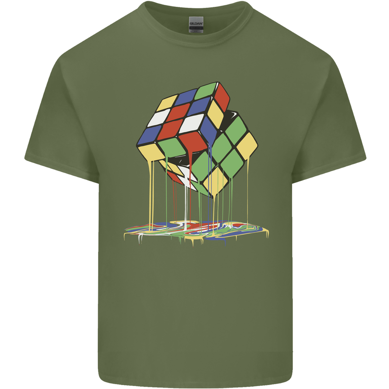 Dripping Rubik Cube Funny Puzzle Mens Cotton T-Shirt Tee Top Military Green