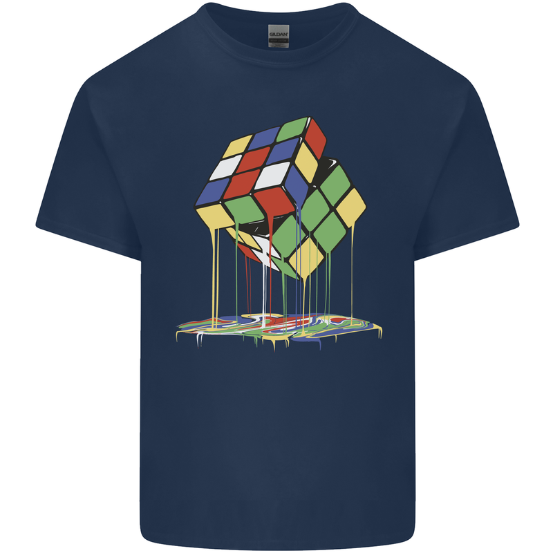 Dripping Rubik Cube Funny Puzzle Mens Cotton T-Shirt Tee Top Navy Blue