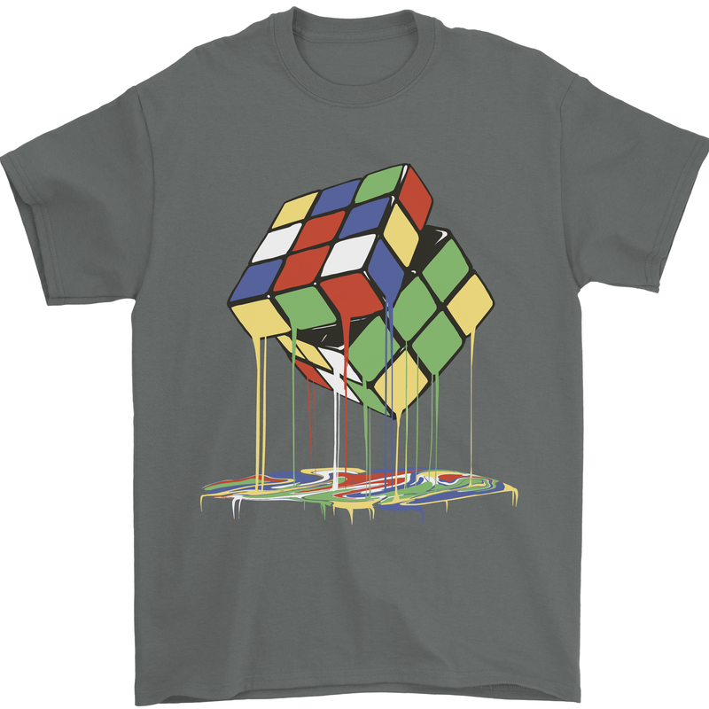 Dripping Rubik Cube Funny Puzzle Mens T-Shirt 100% Cotton Charcoal