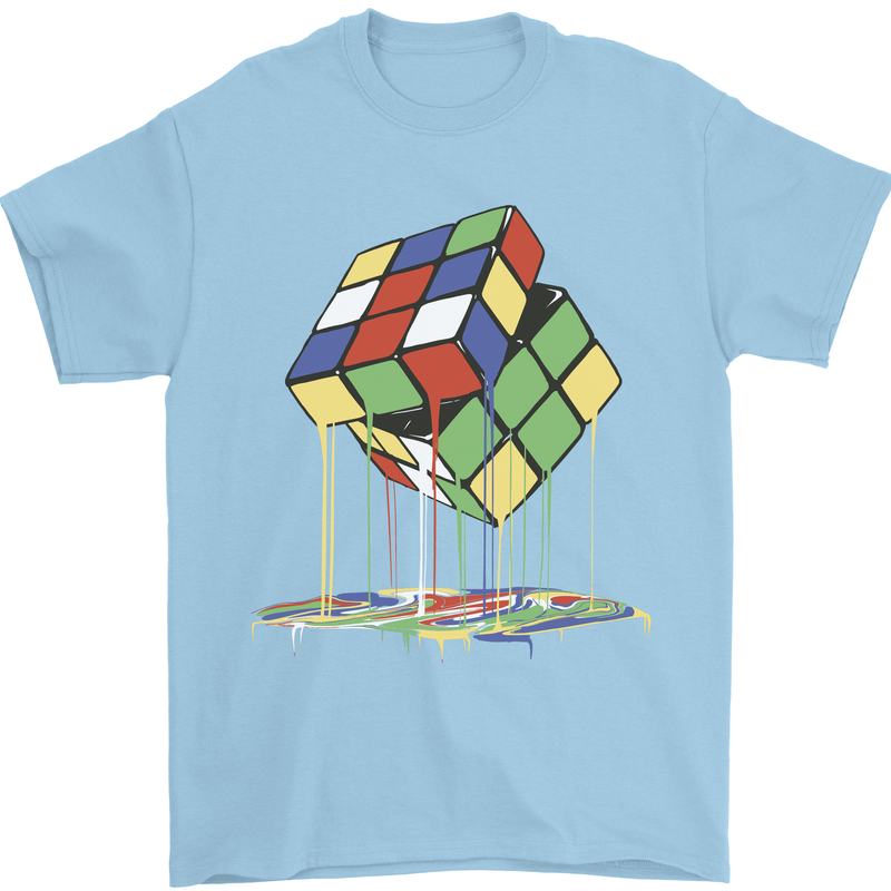 Dripping Rubik Cube Funny Puzzle Mens T-Shirt 100% Cotton Light Blue