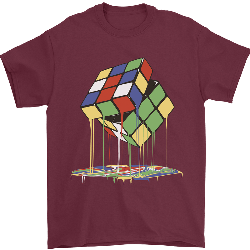 Dripping Rubik Cube Funny Puzzle Mens T-Shirt 100% Cotton Maroon