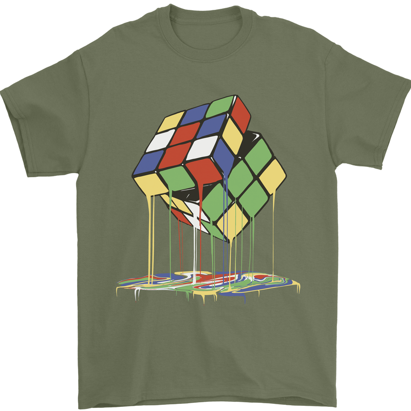Dripping Rubik Cube Funny Puzzle Mens T-Shirt 100% Cotton Military Green