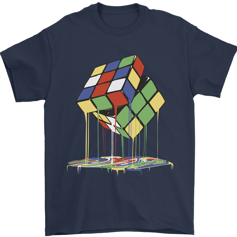 Dripping Rubik Cube Funny Puzzle Mens T-Shirt 100% Cotton Navy Blue