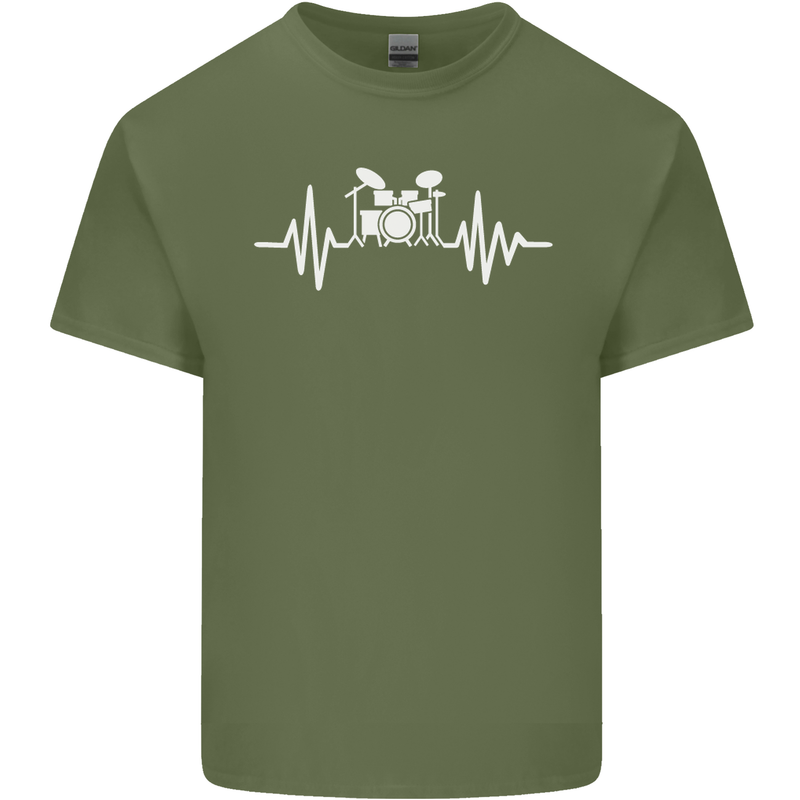 Drum Kit Pulse ECG Drum Drummer Drumming Mens Cotton T-Shirt Tee Top Military Green
