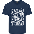 Eat Sleep Fish Funny Fishing Fisherman Mens V-Neck Cotton T-Shirt Navy Blue