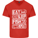 Eat Sleep Fish Funny Fishing Fisherman Mens V-Neck Cotton T-Shirt Red