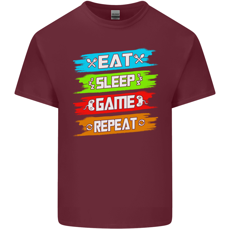 Eat Sleep Game Funny Gamer Gamming Mens Cotton T-Shirt Tee Top Maroon