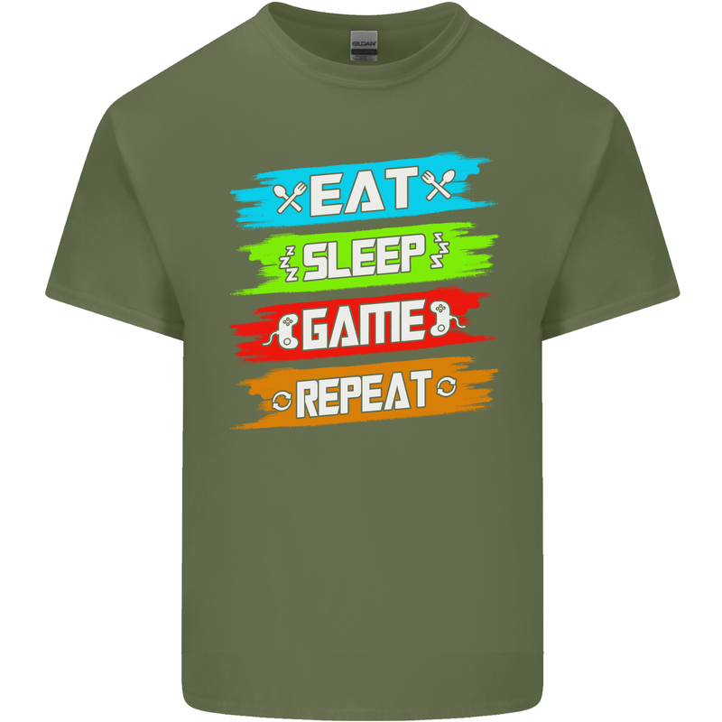 Eat Sleep Game Funny Gamer Gamming Mens Cotton T-Shirt Tee Top Military Green