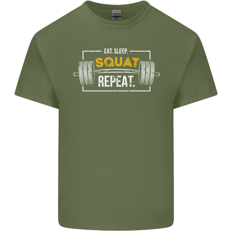 Eat Sleep Squat Repeat Gym Training Top Mens Cotton T-Shirt Tee Top Military Green