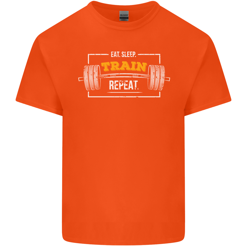 Eat Sleep Train Repeat Gym Training Top Mens Cotton T-Shirt Tee Top Orange